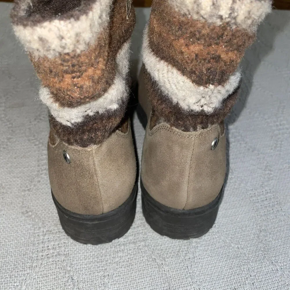 Minnetonka Women’s Fabric Top Booties Size 9 M Brown Leather Grip Sole Comfort